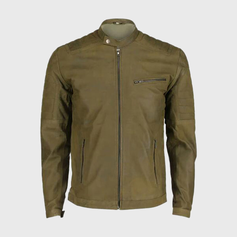 Olive Green Leather Biker Jacket