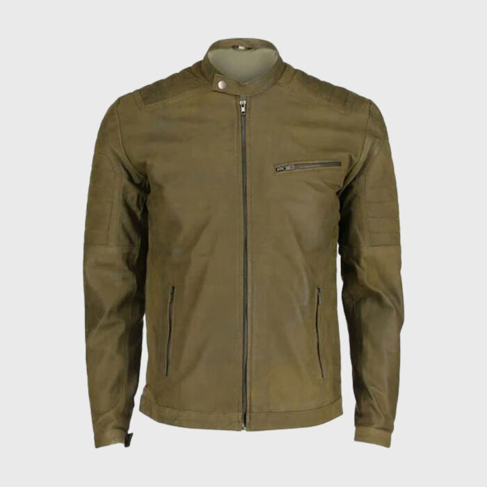 Olive Green Leather Biker Jacket
